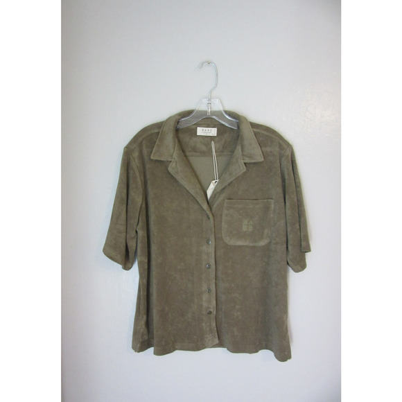 BARE by Charlie Holiday Olive Green Terry Towelling M Button Shirt Blouse - Picture 2 of 5